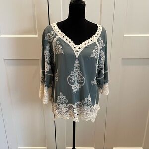 Democracy Blue-green Lace Embroidered Bohemian Blouse